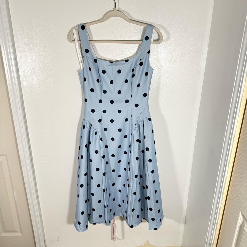 NWT Mac Duggal Blue Polka-Dot Square-Neck A-Line Midi Dress - Picture 2 of 11